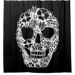 floral skull flowers intricate gothic white shower curtain