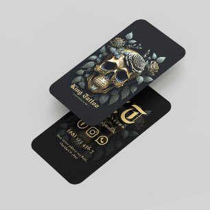 Floral Skull Gold Stylish Tattoo Artist Business Card