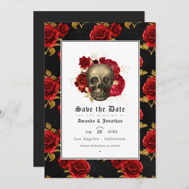 Floral Skull Gothic Wedding Photo Save The Date (Front/Back)