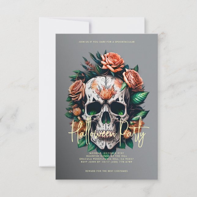 Floral Skull Grey Halloween Party Invitation (Front)