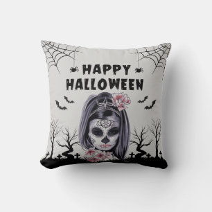 Floral Skull Halloween Decor Cushion