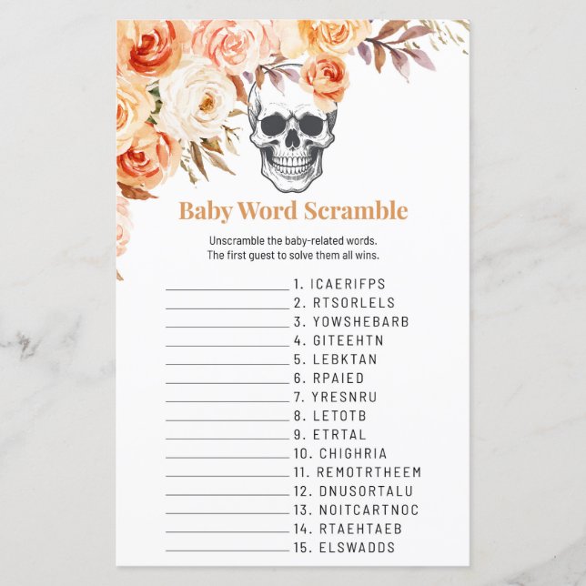 Floral Skull Halloween Gothic Word Scramble Game (Front)