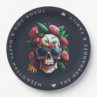 FLORAL SKULL Halloween Party Family Name Custom Paper Plate