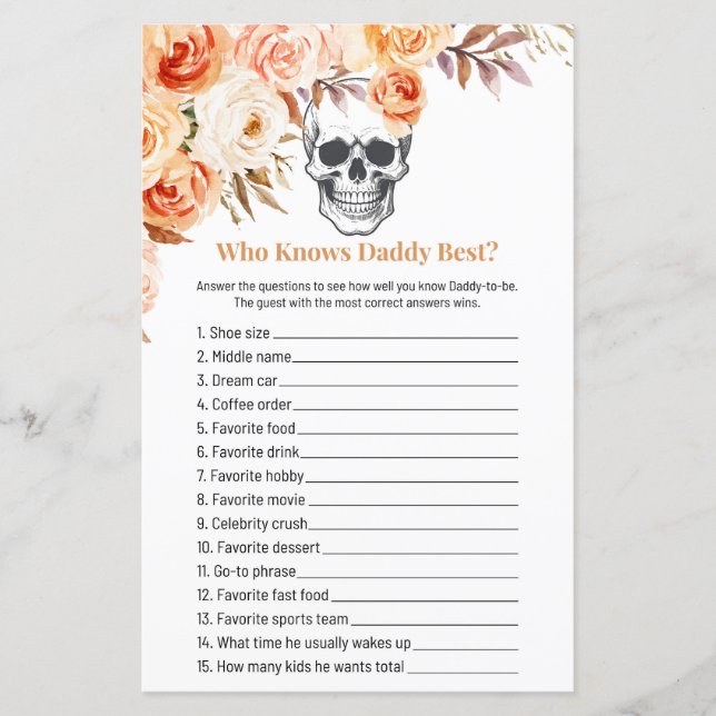 Floral Skull Halloween Who Knows Daddy Game (Front)