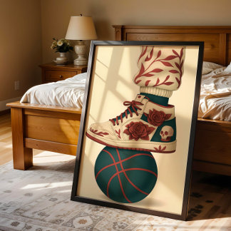 Floral Skull High-Top Sneakers on Basketball Poster