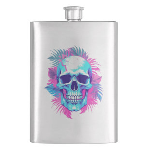 Floral Skull in Vaporwave Style Hip Flask