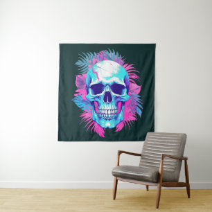 Floral Skull in Vaporwave Style Tapestry
