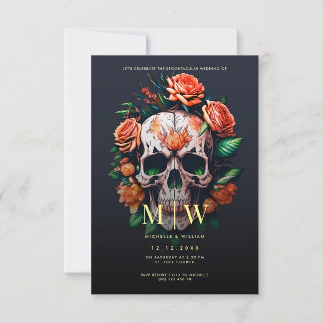 Floral Skull Monogram Halloween Wedding Invitation (Front)