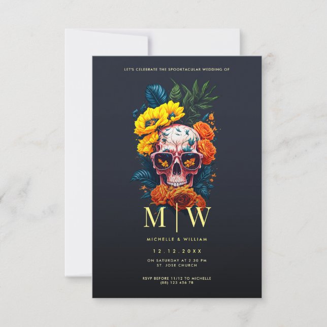 Floral Skull Monogram Halloween Wedding Invitation (Front)