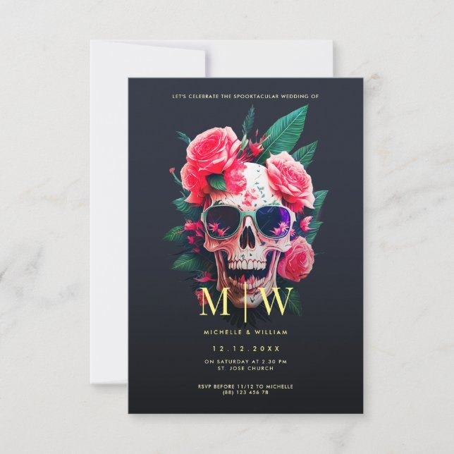 Floral Skull Monogram Halloween Wedding Invitation (Front)