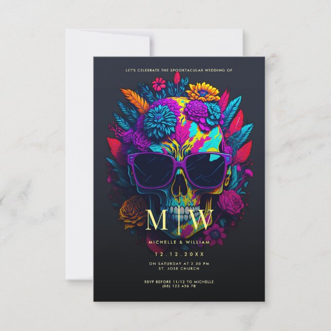Floral Skull Monogram Halloween Wedding Invitation (Front)