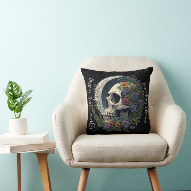 Floral Skull & Moon Celestial Gothic Art on Black Cushion (Chair)