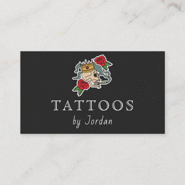 Floral Skull Red Roses Tattoo Artist Funky Modern Business Card (Front)