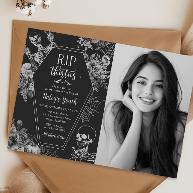 Floral Skull RIP Thirties 40th Birthday Photo Invitation (Creator Uploaded)