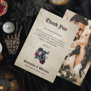 Floral Skull Rustic Photo Halloween Wedding Thank You Card