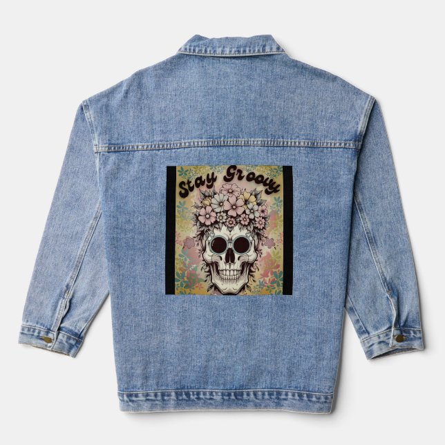 Floral Skull "Stay Groovy" Retro Customisable Back Denim Jacket (Back)