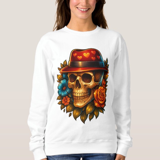 Floral Skull Sweatshirt – Gothic Red Hat Skull Art (Front)