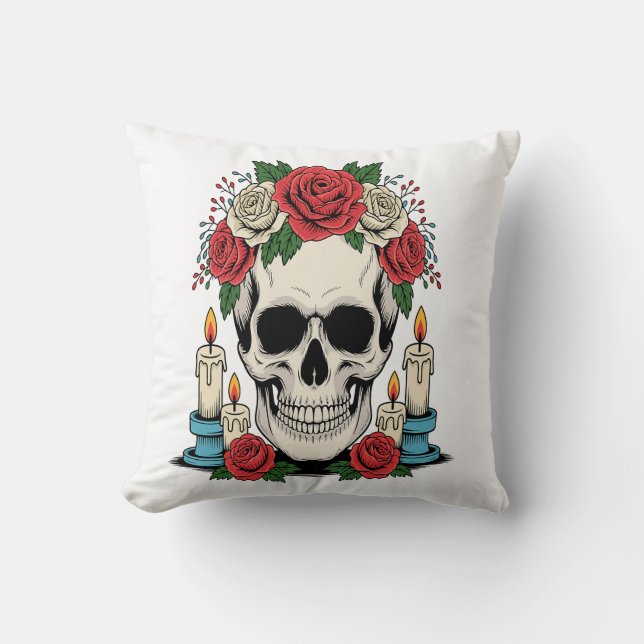 Floral Skull with Candles Halloween Cushion (Front)