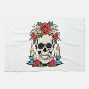 Floral Skull with Candles Halloween Tea Towel