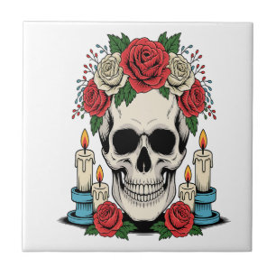Floral Skull with Candles Halloween Tile