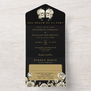 Floral Skulls Black And Gold Gothic Wedding All In One Invitation