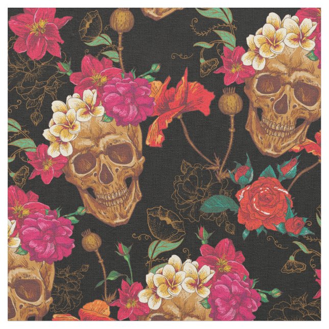 floral Skulls fabric (Close Up)