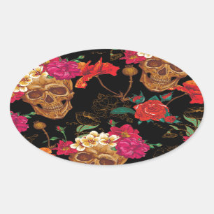floral Skulls Oval Sticker