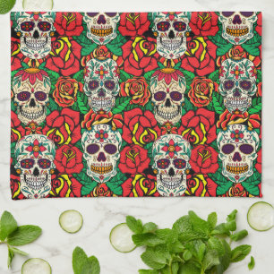 Floral Skulls Pattern Tea Towel