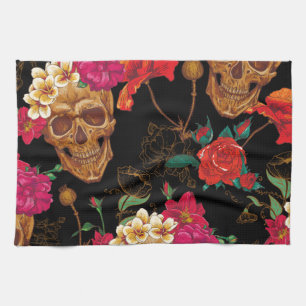 floral Skulls Tea Towel