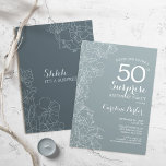 Floral Slate Blue Surprise 50th Birthday Party Invitation<br><div class="desc">Simple navy grey surprise 50th birthday party invitation. Minimalist modern design in slate dusty blue featuring botanical accents and typography script font. Steel blue and white feminine floral invite card perfect for a stylish womens surprise bday celebration. Can be customised to any age.</div>