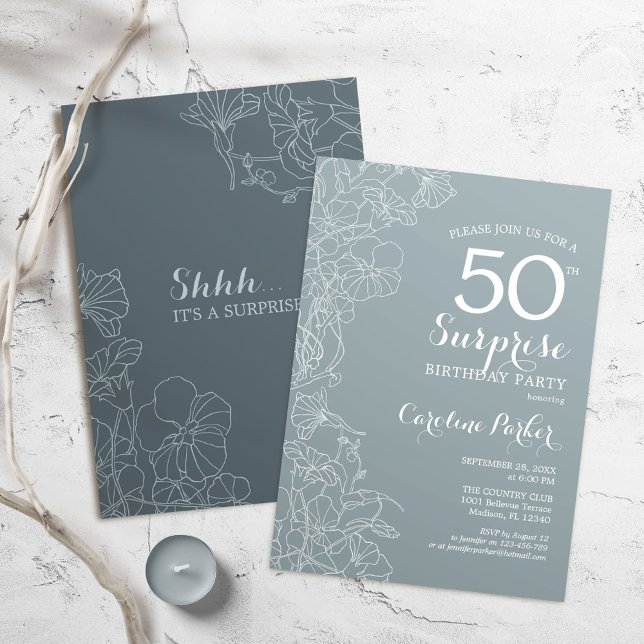 Floral Slate Blue Surprise 50th Birthday Party Invitation (Creator Uploaded)
