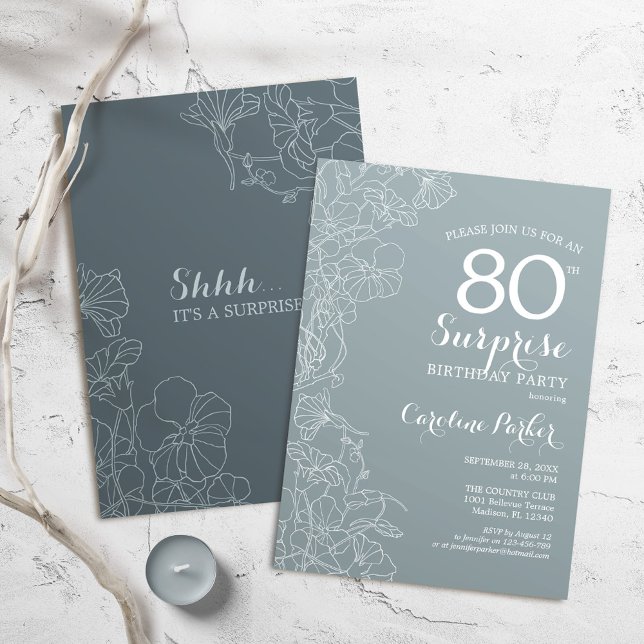 Floral Slate Blue Surprise 80th Birthday Party Invitation (Creator Uploaded)