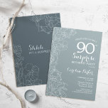 Floral Slate Blue Surprise 90th Birthday Party Invitation<br><div class="desc">Simple navy grey surprise 90th birthday party invitation. Minimalist modern design in slate dusty blue featuring botanical accents and typography script font. Steel blue and white feminine floral invite card perfect for a stylish womens surprise bday celebration. Can be customised to any age.</div>