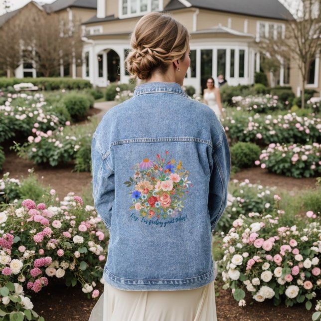 Floral & Slogan Graphic Denim Jacket (Wedding Back)