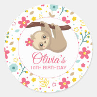Floral Sloth Birthday Party Stickers