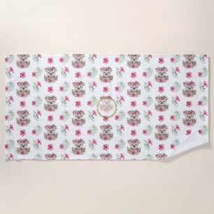 Floral SLOTH Monogram Pattern Girls Nursery Room Beach Towel