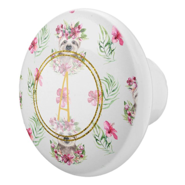 Floral SLOTH Monogram Pattern Girls Nursery Room Ceramic Knob (Right)