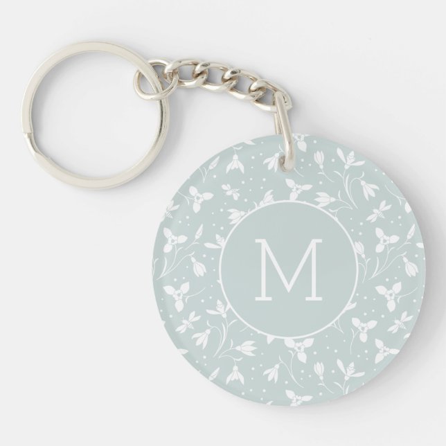Floral Snowdrop Pattern Monogram. Pastel Green Key Ring (Front)
