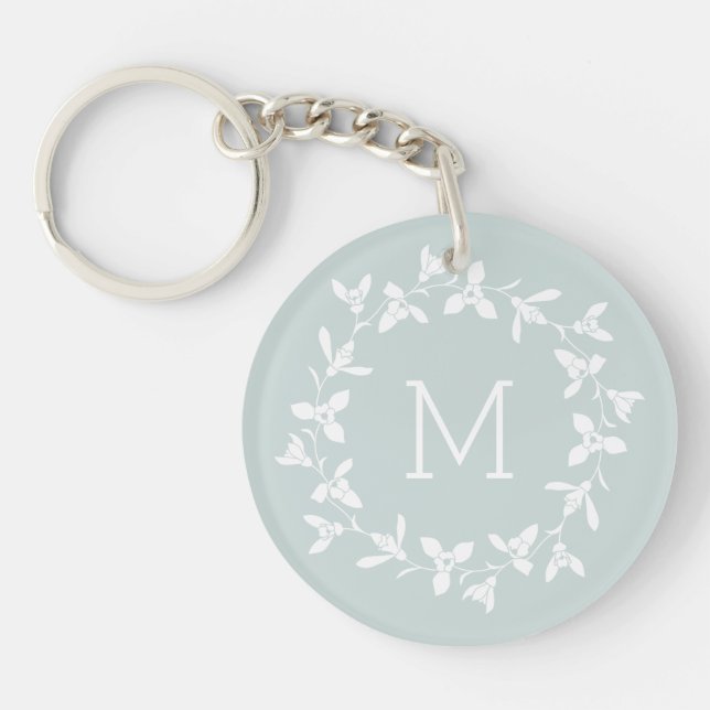 Floral Snowdrop Wreath with Monogram. Pastel Green Key Ring (Front)