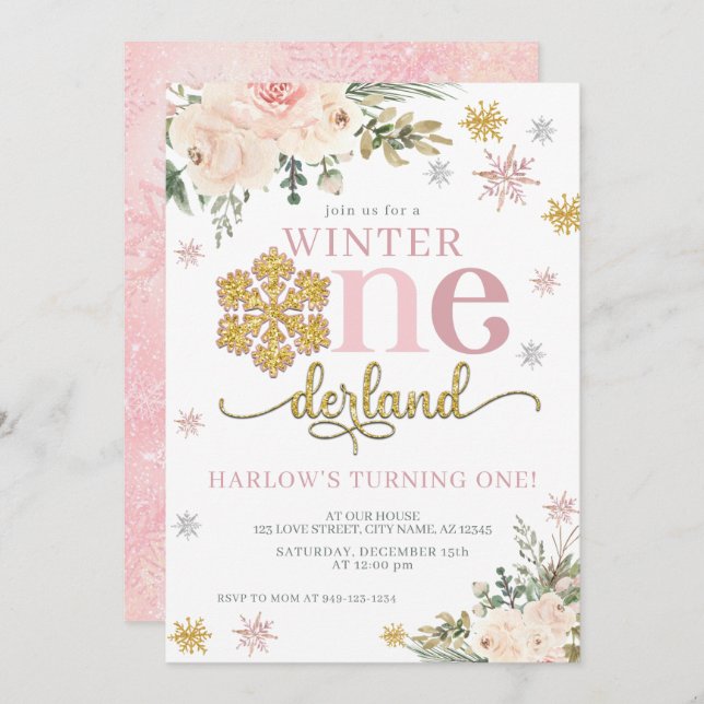 Floral Snowflake ONEderland 1st Birthday  Invitation (Front/Back)