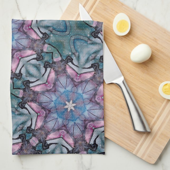 Floral Snowflake Pink Blue Green  Tea Towel (Quarter Fold)