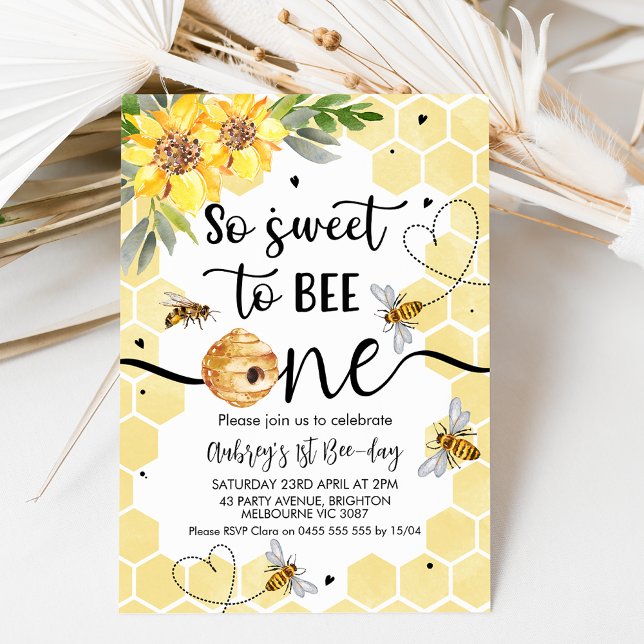 Floral So Sweet To Bee One Bee 1st Birthday Invitation (So sweet to bee one themed first birthday invitation featuring some bees and sunflowers.)