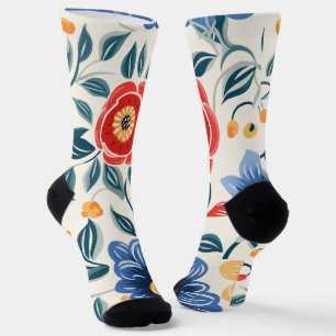 Floral socks featuring bold red