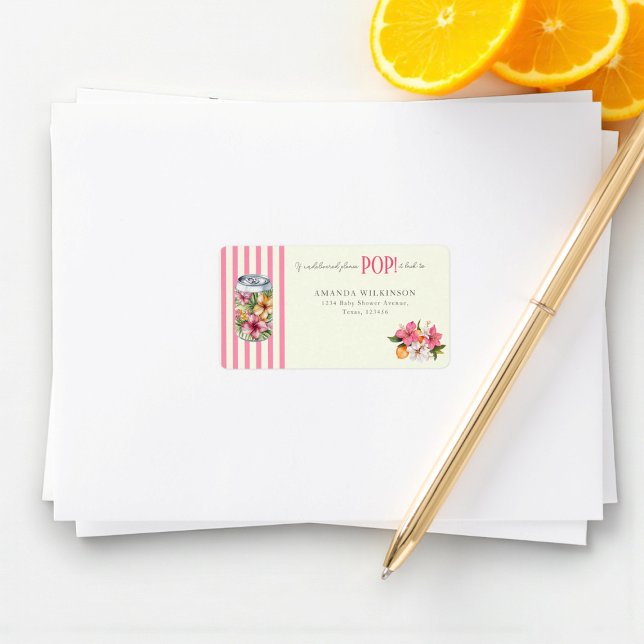 Floral Soda Can Pink Stripe Floral Design Label (Creator Uploaded)