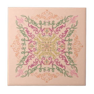 Floral Soft peach kaleidoscopic Script Best Mom Tile