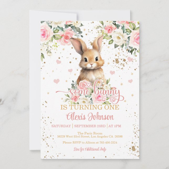 Floral Some Bunny Birthday Invitation - Gold Dots (Front)