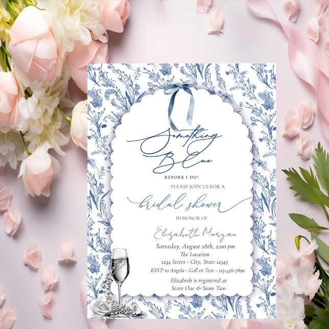 Floral Something Blue Bow Glass Pearls  Invitation (Creator Uploaded)