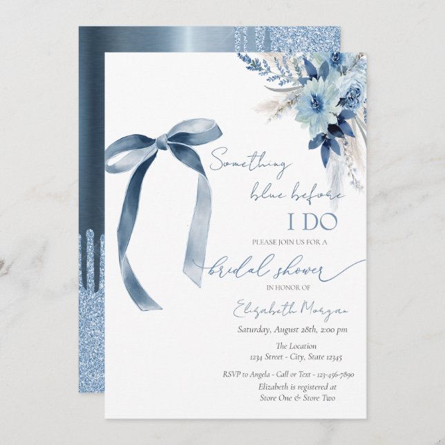 Floral Something Blue Bow Glitter Drips  Invitation (Front/Back)