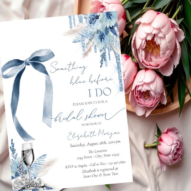 Floral Something Blue Bow Glitter Drips Pearls  Invitation (Creator Uploaded)
