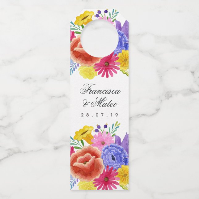Floral Spanish Fiesta Wedding Bottle Tag (Front)
